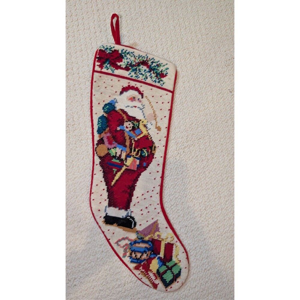 Needlepoint Christmas Stocking Santa Vintage Winter.